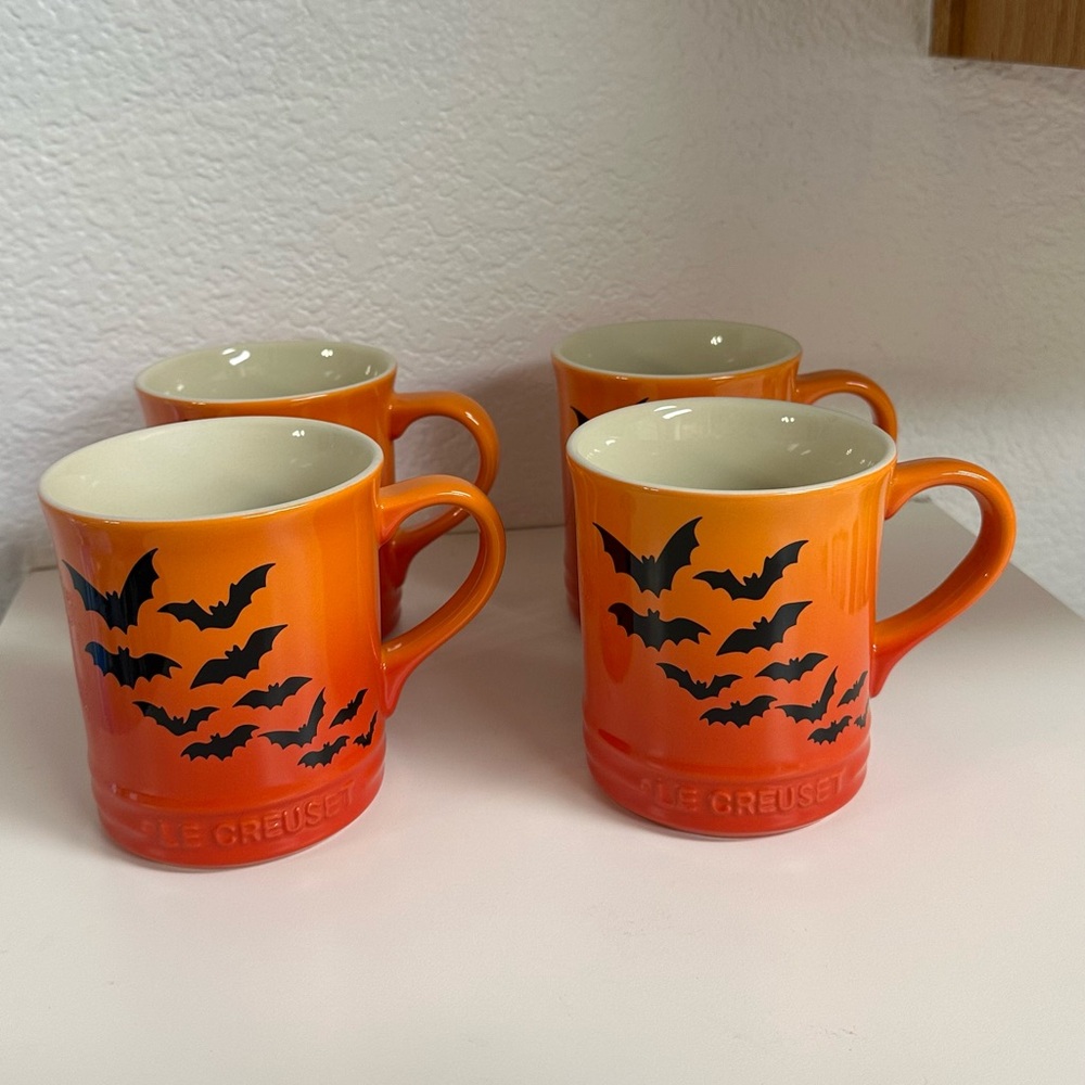 RARE Le Creuset Halloween Orange Flame Mugs Set of four